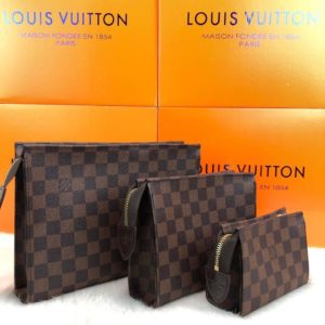 louis vuitton canta clutch kahve damier 3 lu set