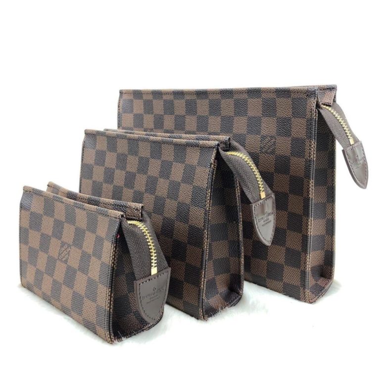 louis vuitton canta clutch kahve damier 3 lu set
