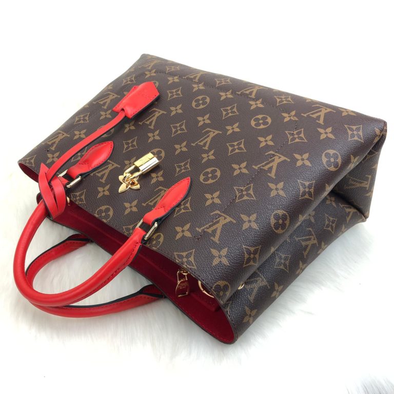 louis vuitton canta flower tote kilitli capraz askili kirmizi 34x24