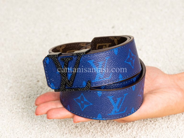 louis vuitton kemer mavi monogram cift tarafli siyah toka