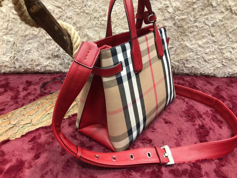 burberry canta ekose desen kirmizi suni deri