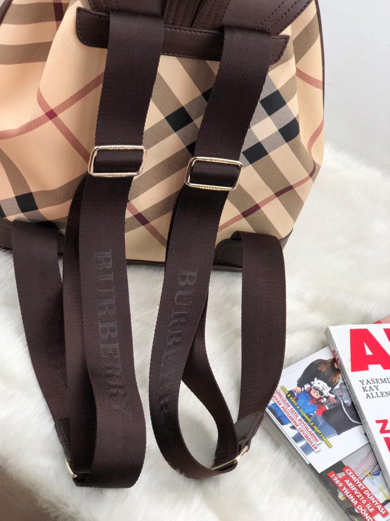 burberry canta suni deri sirt backpack ekose kahve krem