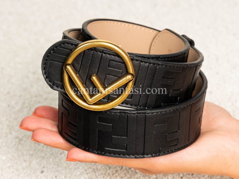 fendi kemer siyah logo kabartmali antik gold toka