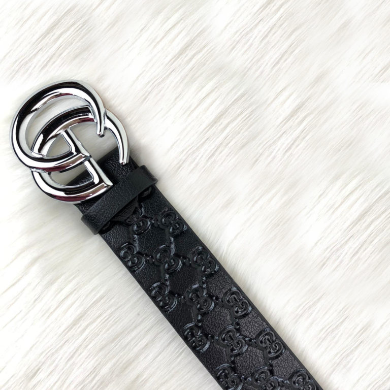 gucci kemer siyah baskli deri silver toka 4cm