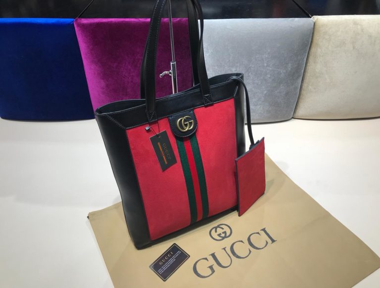 gucci suni deri canta shopping siyah kirmizi 37x35
