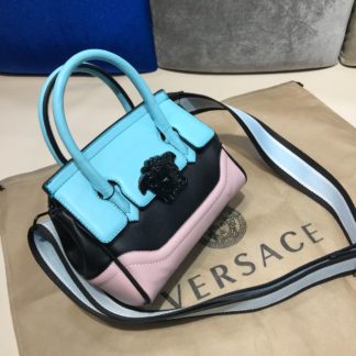 versace canta suni deri palazzo mini boyut capraz askili mavi siyah pembe 22x19