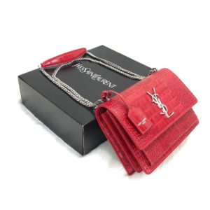 ysl saint laurent canta Sunset medium kirmizi crocodil 22x16 cm