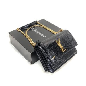 ysl saint laurent canta Sunset medium siyah gold crocodil 22x16 cm