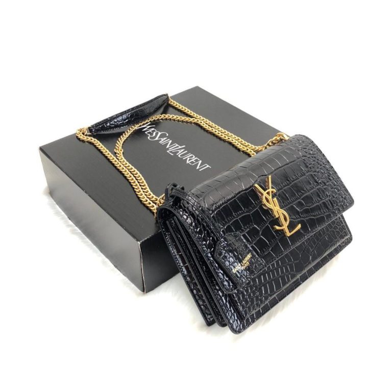 ysl saint laurent canta Sunset medium siyah gold crocodil 22x16 cm
