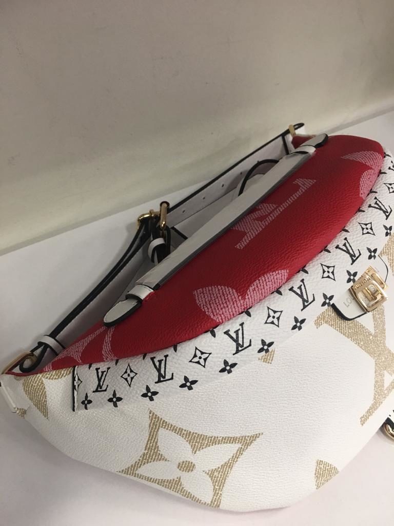 louis vuitton canta suni deri bumbag bel cantasi monogram cift tarafli beyaz kirmizi37x14cm