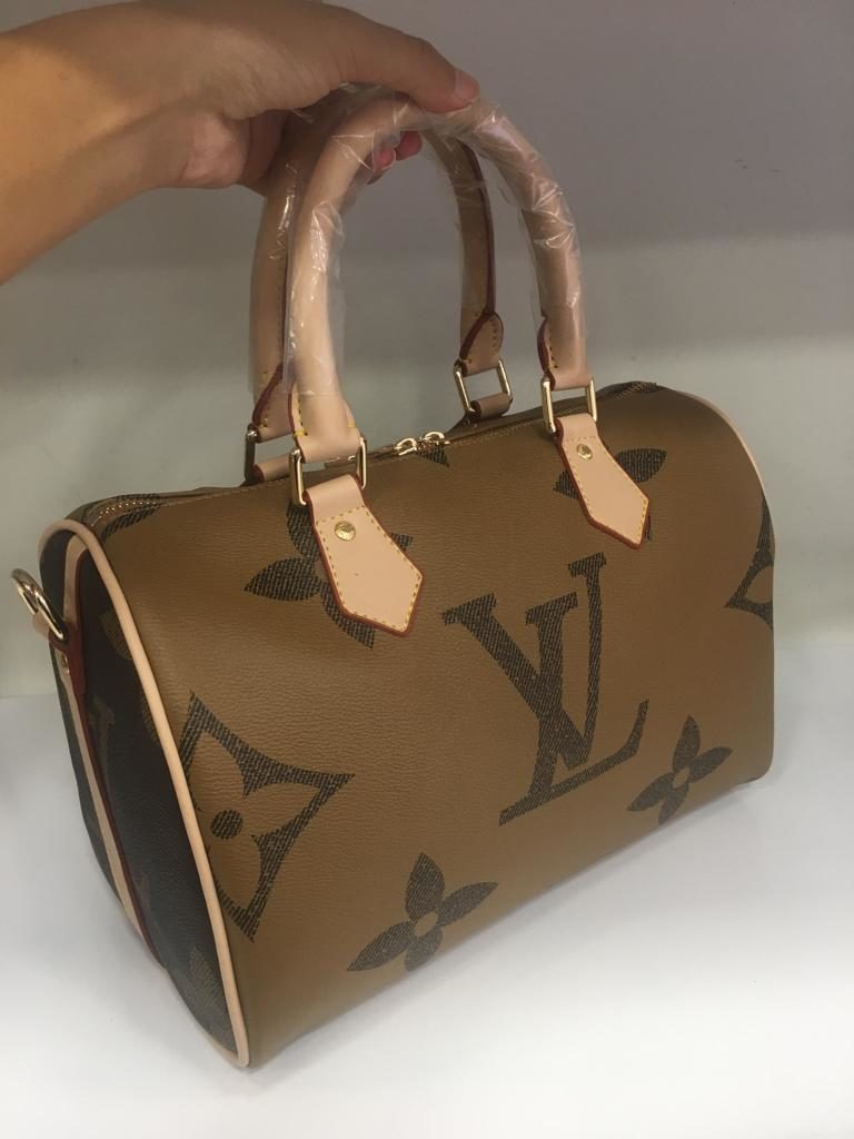 louis vuitton canta suni deri speedy monogram buyuk logo 30cm cift tarafli taba kahve