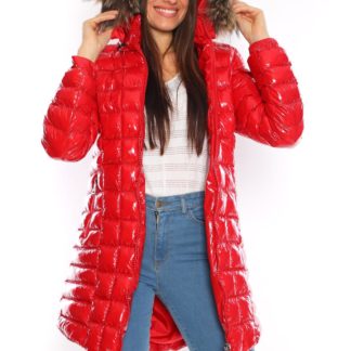 moncler mont uzun parlak kirmizi kare dikisli
