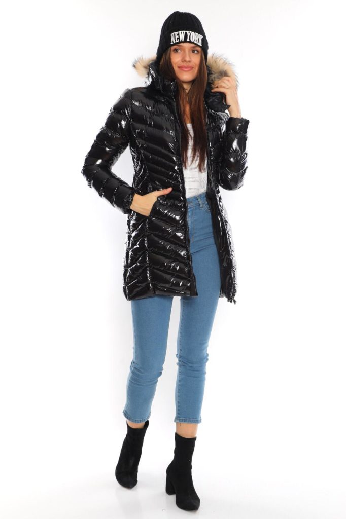moncler mont uzun parlak siyah oklu dikis