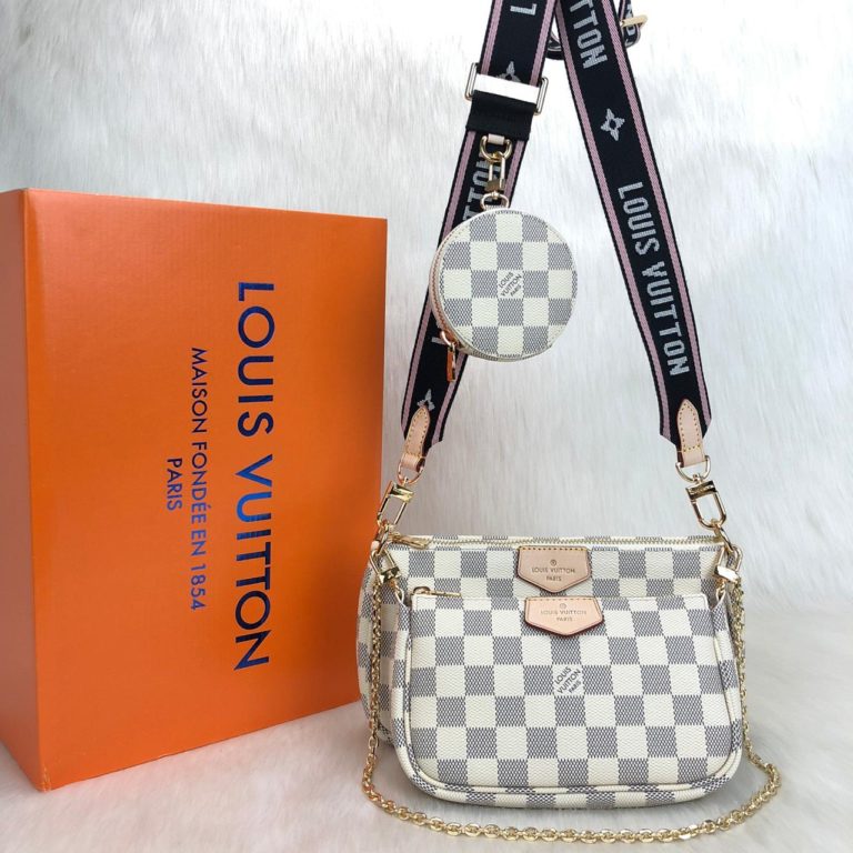 louis vuitton canta multi pochette beyaz damier siyah pembe aski  3 parca