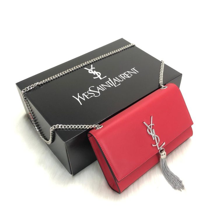 ysl saint laurent canta medium kate tassel chain kirmizi silver