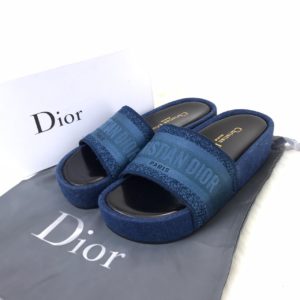 Christian Dior terlik hakiki deri lacivert taban ve uzeri keten orgu