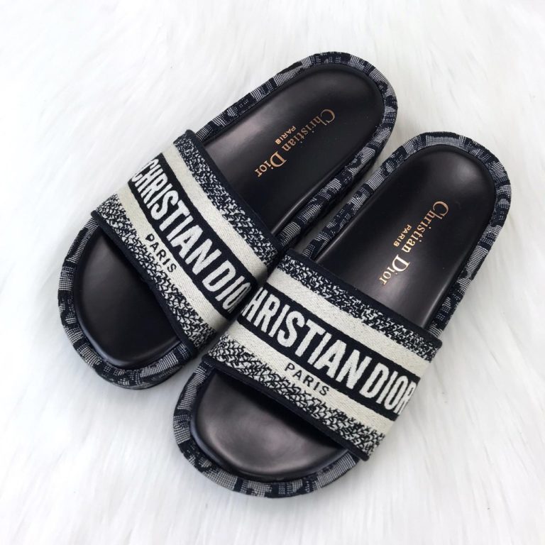 Christian Dior terlik hakiki deri siyah taban ve uzeri keten orgu