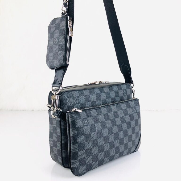 louis vuitton canta siyah gri damier trio messenger postaci 25x18cm