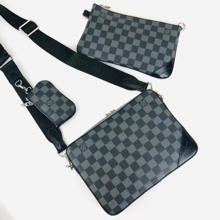 louis vuitton canta siyah gri damier trio messenger postaci 25x18cm