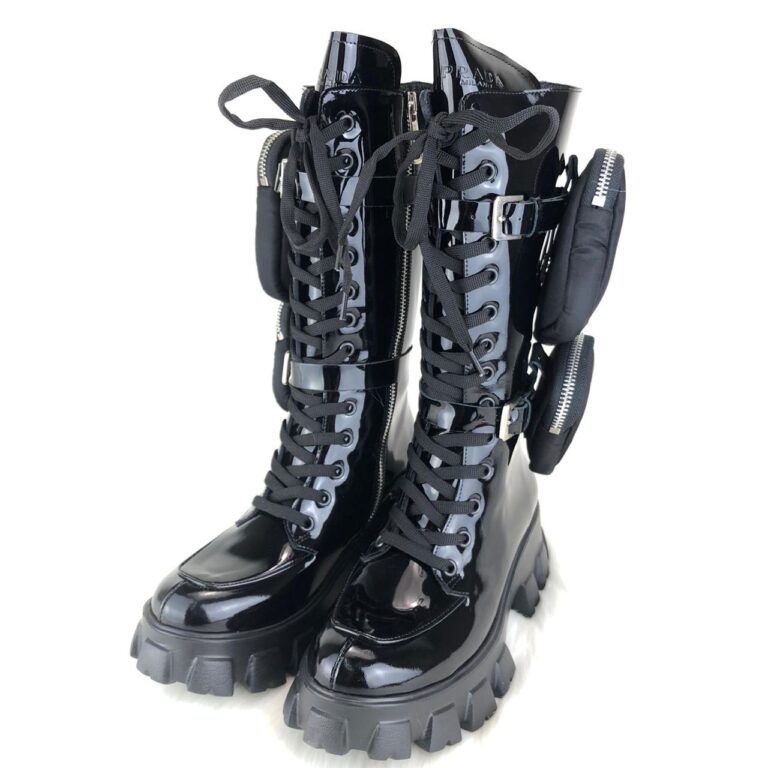 prada ayakkabi monolith patent rugan siyah cizme