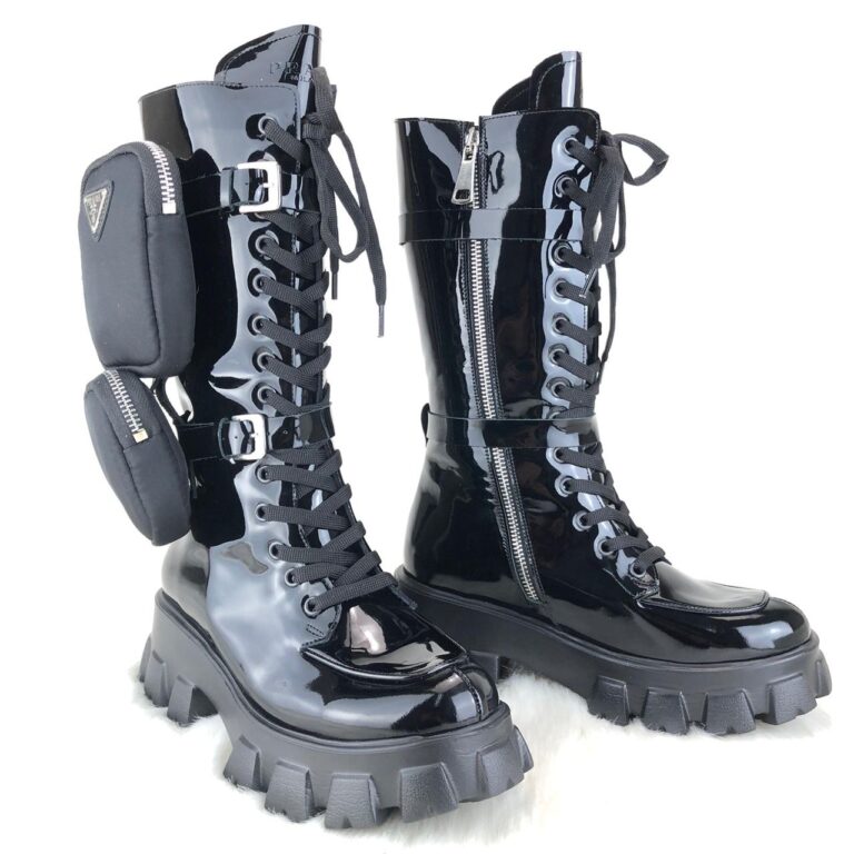 prada ayakkabi monolith patent rugan siyah cizme