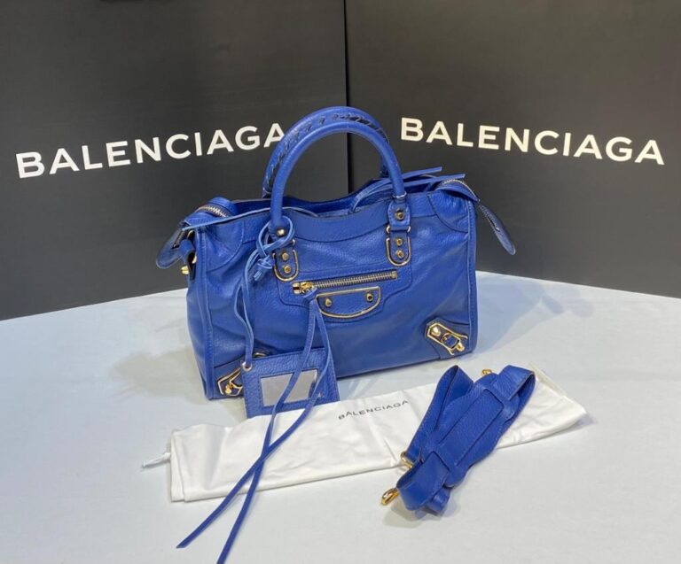 balenciaga canta city orta boy saks mavi gold 31x23 cm