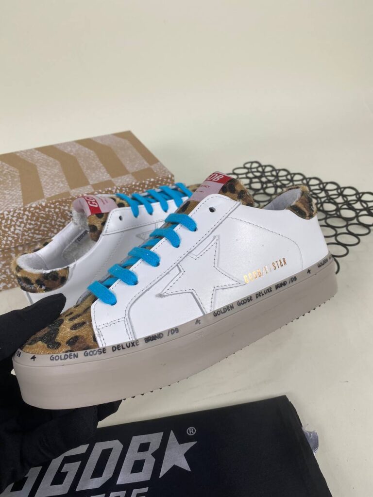 golden goose ayakkabi beyaz leopar mavi sneakers taban 3cm