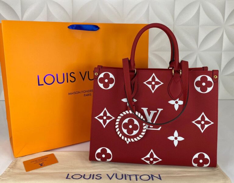 louis vuitton canta on the go mm ortaboy kirmizi beyaz deri 34x26 cm
