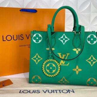 louis vuitton canta on the go mm ortaboy yesil beyaz deri 34x26 cm