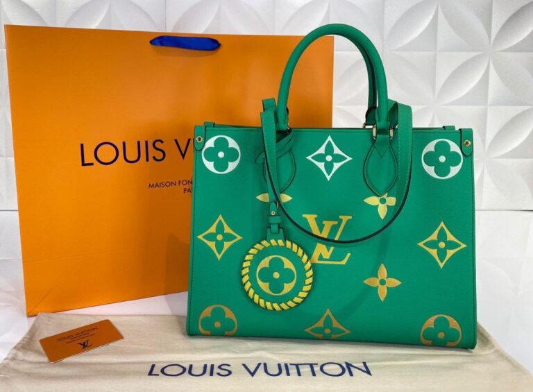louis vuitton canta on the go mm ortaboy yesil beyaz deri 34x26 cm