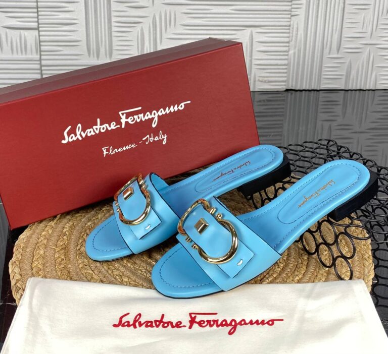 salvatore ferragamo terlik acik mavi gold toka