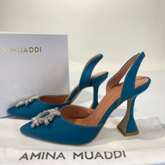 amina muaddi ayakkabi mavi saten topuklu 10 cm