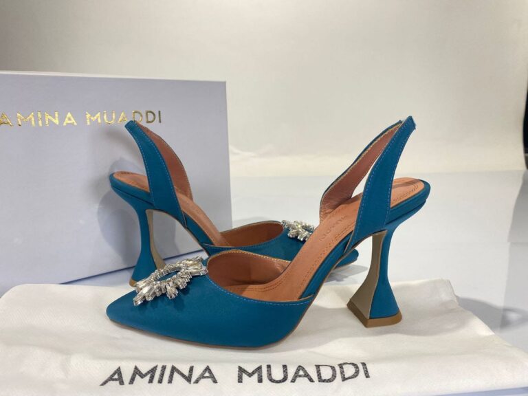 amina muaddi ayakkabi mavi saten topuklu 10 cm