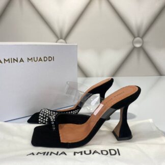 amina muaddi ayakkabi topuklu pumps siyah suet tasli 10cm ithal