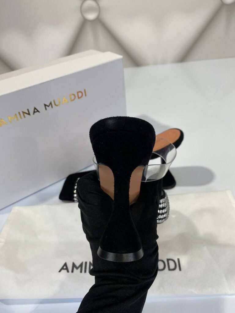 amina muaddi ayakkabi topuklu pumps siyah suet tasli 10cm ithal