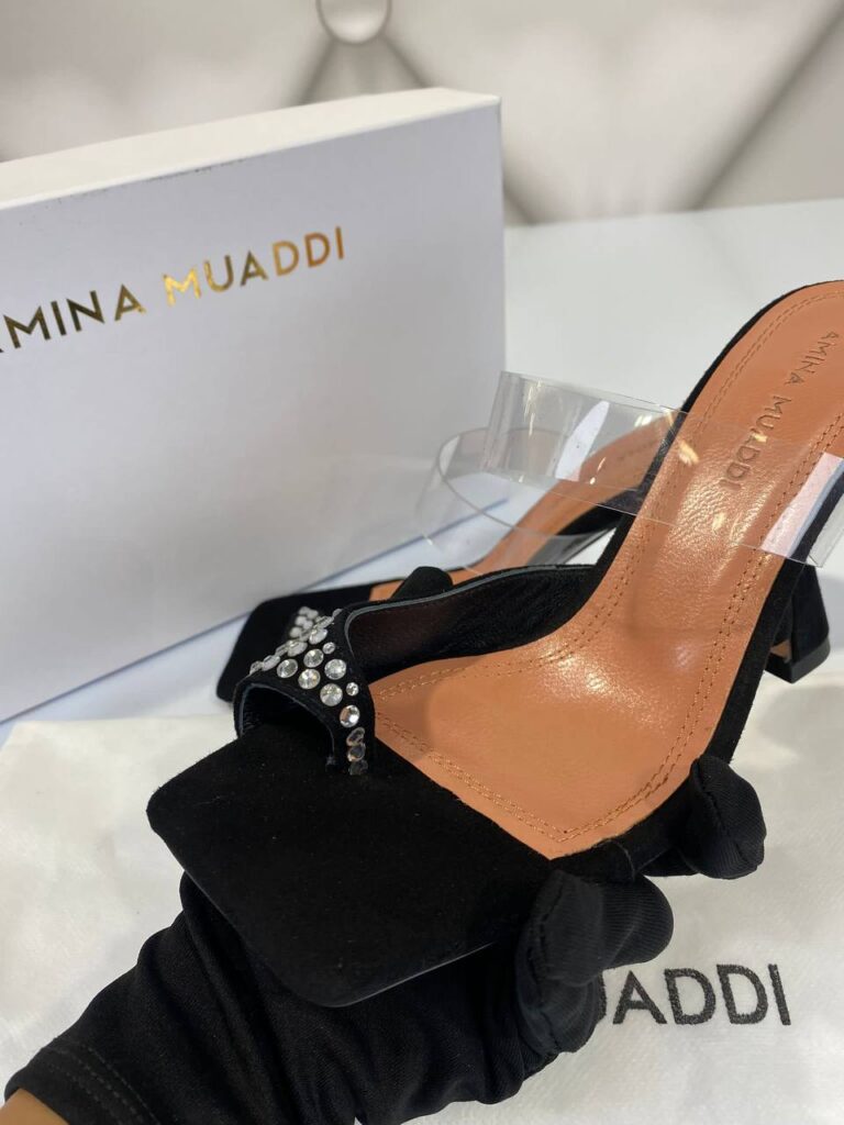 amina muaddi ayakkabi topuklu pumps siyah suet tasli 10cm ithal