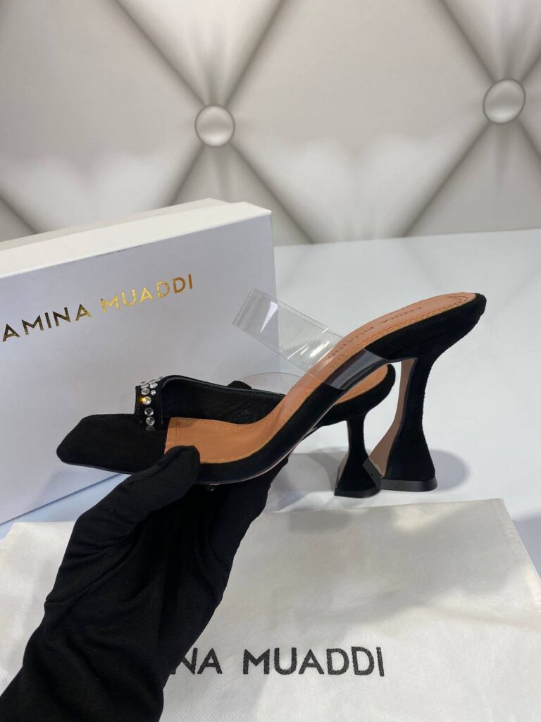 amina muaddi ayakkabi topuklu pumps siyah suet tasli 10cm ithal