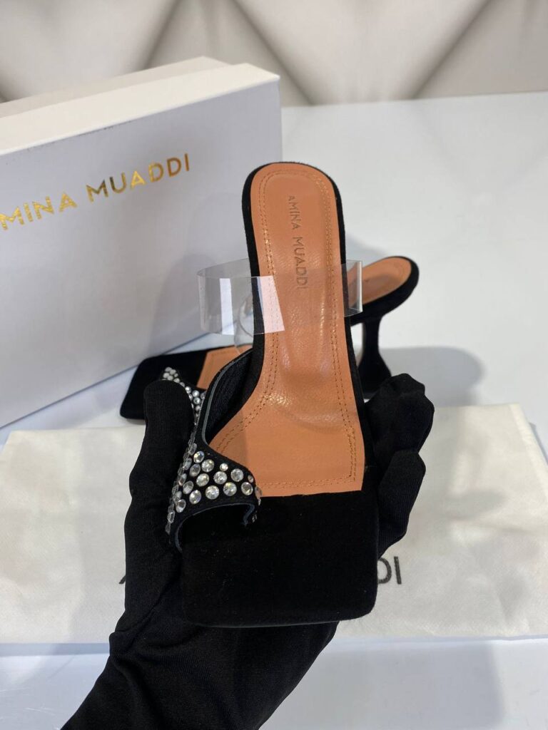 amina muaddi ayakkabi topuklu pumps siyah suet tasli 10cm ithal