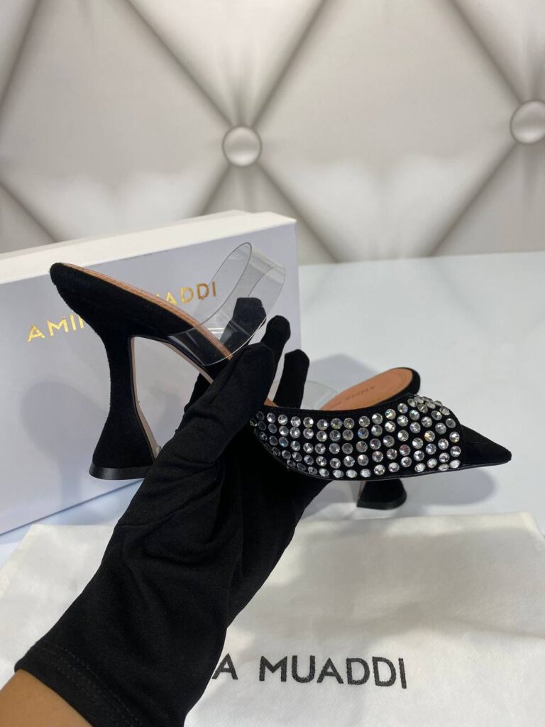 amina muaddi ayakkabi topuklu pumps siyah suet tasli 10cm ithal