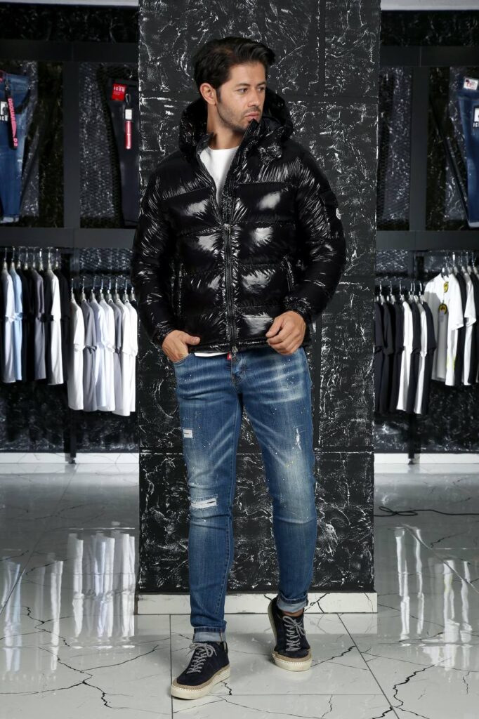 moncler mont erkek parlak siyah kollari triko detayli