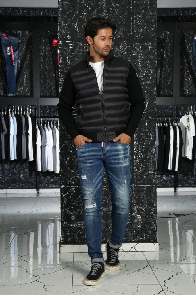 moncler mont erkek siyah kollari triko detayli