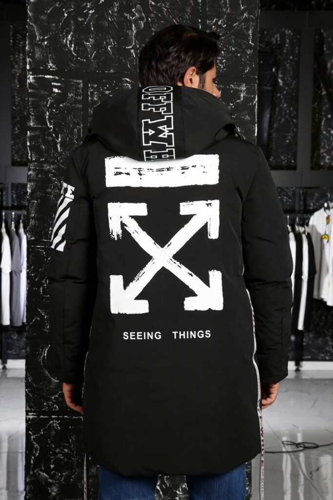 off white mont erkek uzun siyah beyaz yazili