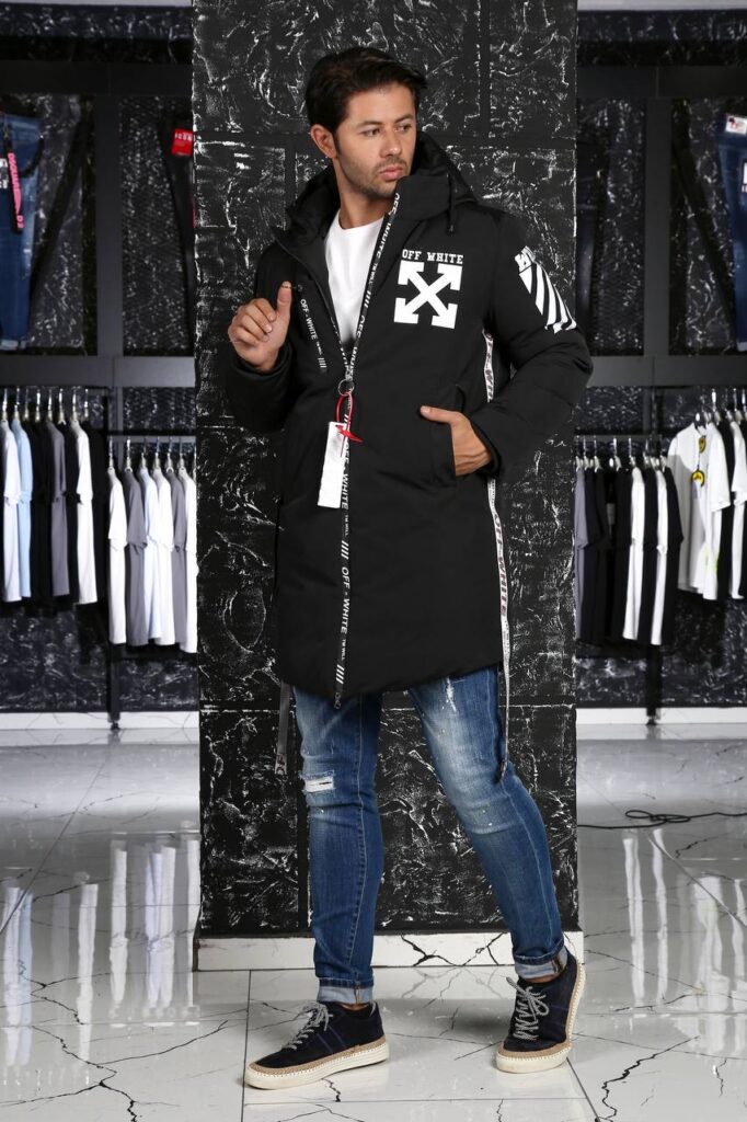 off white mont erkek uzun siyah beyaz yazili