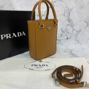prada canta small brushed leather tote taba renk ithal 20x14x9 cm