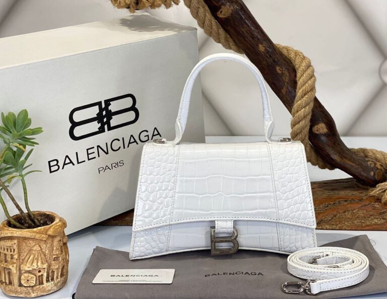 balenciaga canta hourglass kucuk boy beyaz crocco gold  23x15x10 cm