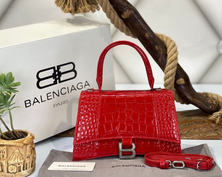 balenciaga canta hourglass kucuk boy kirmizi croco silver  23x15x10 cm