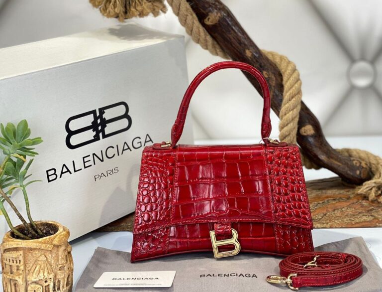 balenciaga canta hourglass kucuk boy kirmizi pembe crocco gold  23x15x10 cm