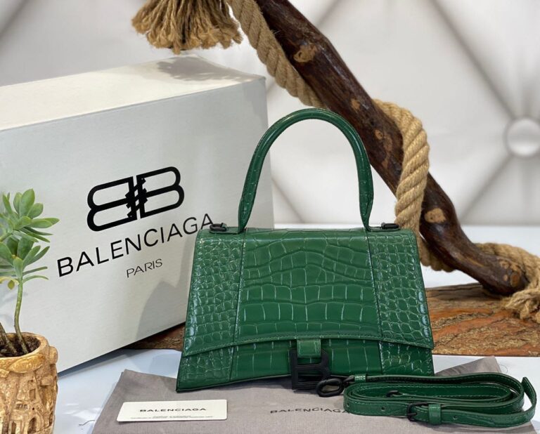 balenciaga canta hourglass kucuk boy yesil croco siyah 23x15x10 cm