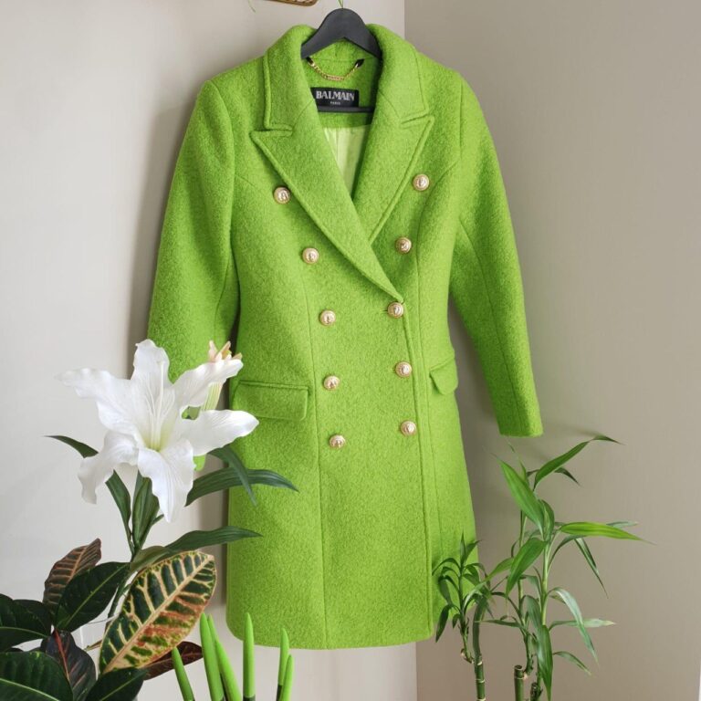 balmain kaban palto yesil yuzde 70 pamuk 27 polyester 3 likra
