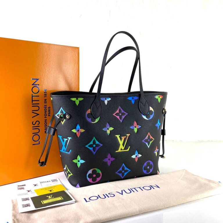 louis vuitton canta neverfull mm siyah oversize rengarenk logo orta boy 31x28x17 cm
